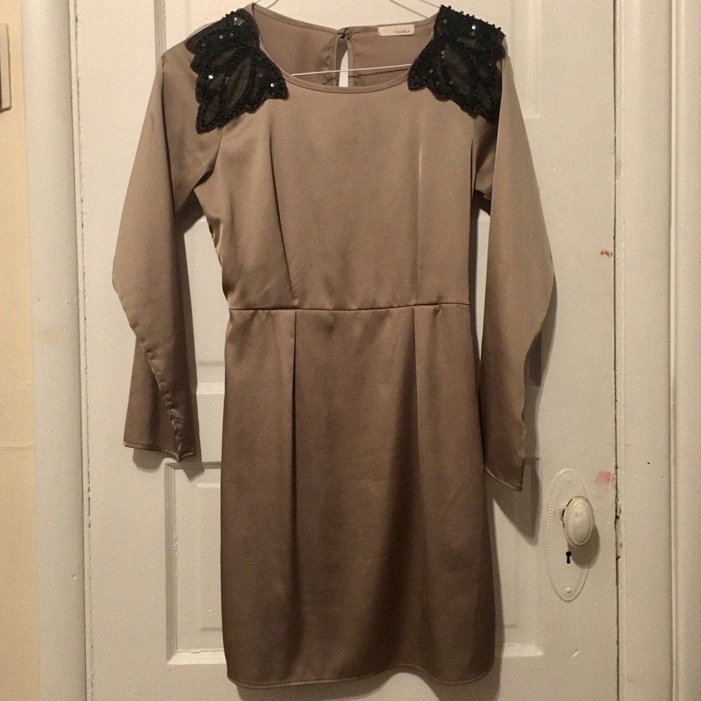 Gold Dress with Black Lace Shoulder